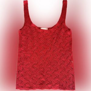 Red squiggle crochet tank top with scoop neck.